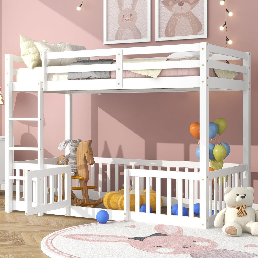 3FT Bunk Bed, Bed With Fences And Door, Children's Bed With Fall Protection And Railings, Solid Wood, White 190x90cm
