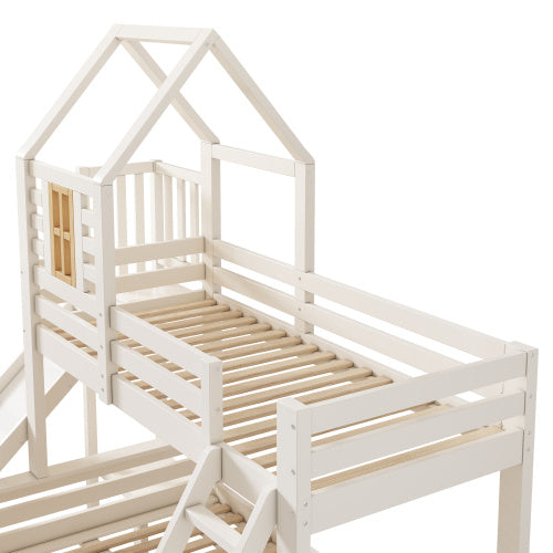 Bunk Beds For Kids, Wooden Cabin Bed With Ladder And Slide, Multi-functional Tree-house Bed, Children's House Bed, Twin Sleeper Solid Wood, White