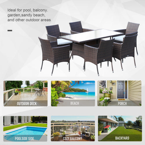 Outsunny 6 Seater Rattan Dining Set With Cushions, Rattan Garden Furniture Set With 6 Armchairs, Rectangular Glass Top Table, Outdoor Dining Table And Chairs, Brown