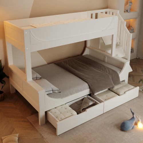 Bunk Beds For Kids, Staircase Bunk With Drawers And Storage, Children's Bed With Storage Unit, Double Bunk Bed For Family With Multiple Children,olid Wood, White