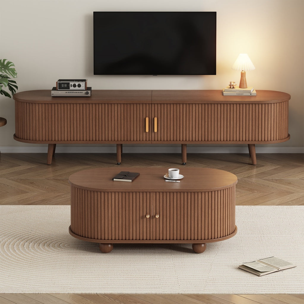 TV Stand  X Coffee Table 2 Set, TV Cabinet With 2 Drawer 2 Sliding Doors For 70inch TV  Coffee Table With 2 Sliding Doors, Dark Walnut, 175x40x42cm  100x50 X40cm, MDF