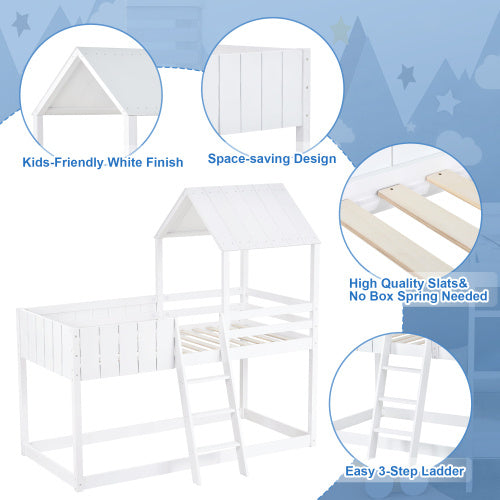 Wooden Bunk Bed, Loft Bed With Ladder And Guard Rail, Mid-Sleeper Cabin Bed, 3 FT Single Treehouse Canopy, Shaped With Space-Saving Design For Children& Kids Home White-90x190 Cm
