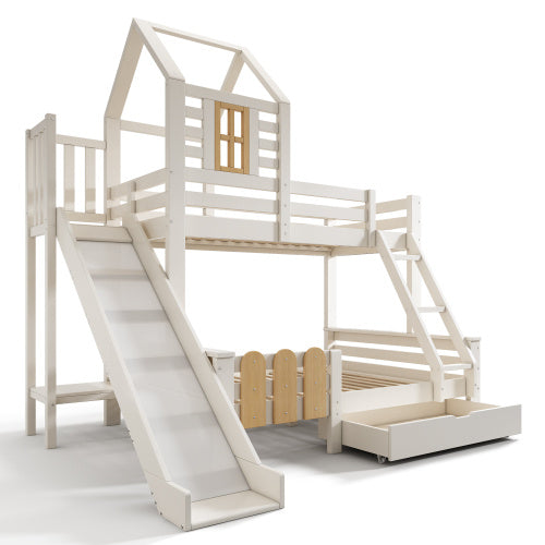 Bunk Beds For Kids, Wooden Cabin Bed With Ladder And Slide, Multi-functional Tree-house Bed, Children's House Bed, Twin Sleeper Solid Wood, White