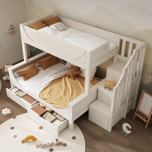 Bunk Beds For Kids, Staircase Bunk With Drawers And Storage, Children's Bed With Storage Unit, Double Bunk Bed For Family With Multiple Children,olid Wood, White