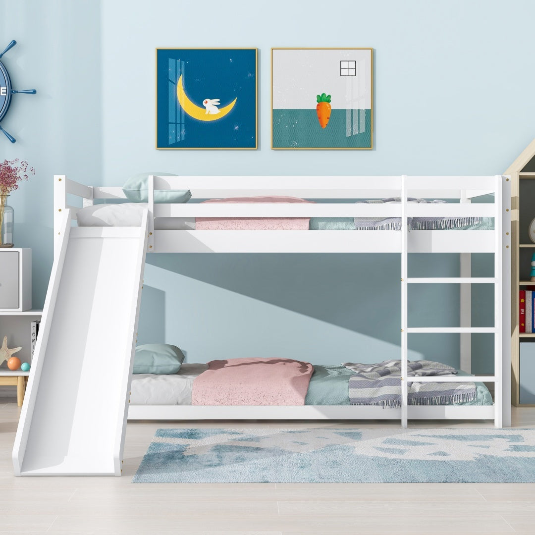 Childrens Cabin Bed Frame With Slide  Ladder, Bunk Bed For Kids With Adjustable Ladder And Slide, Adjustable Lower Bed ,White, 190x90cm    200x90cm