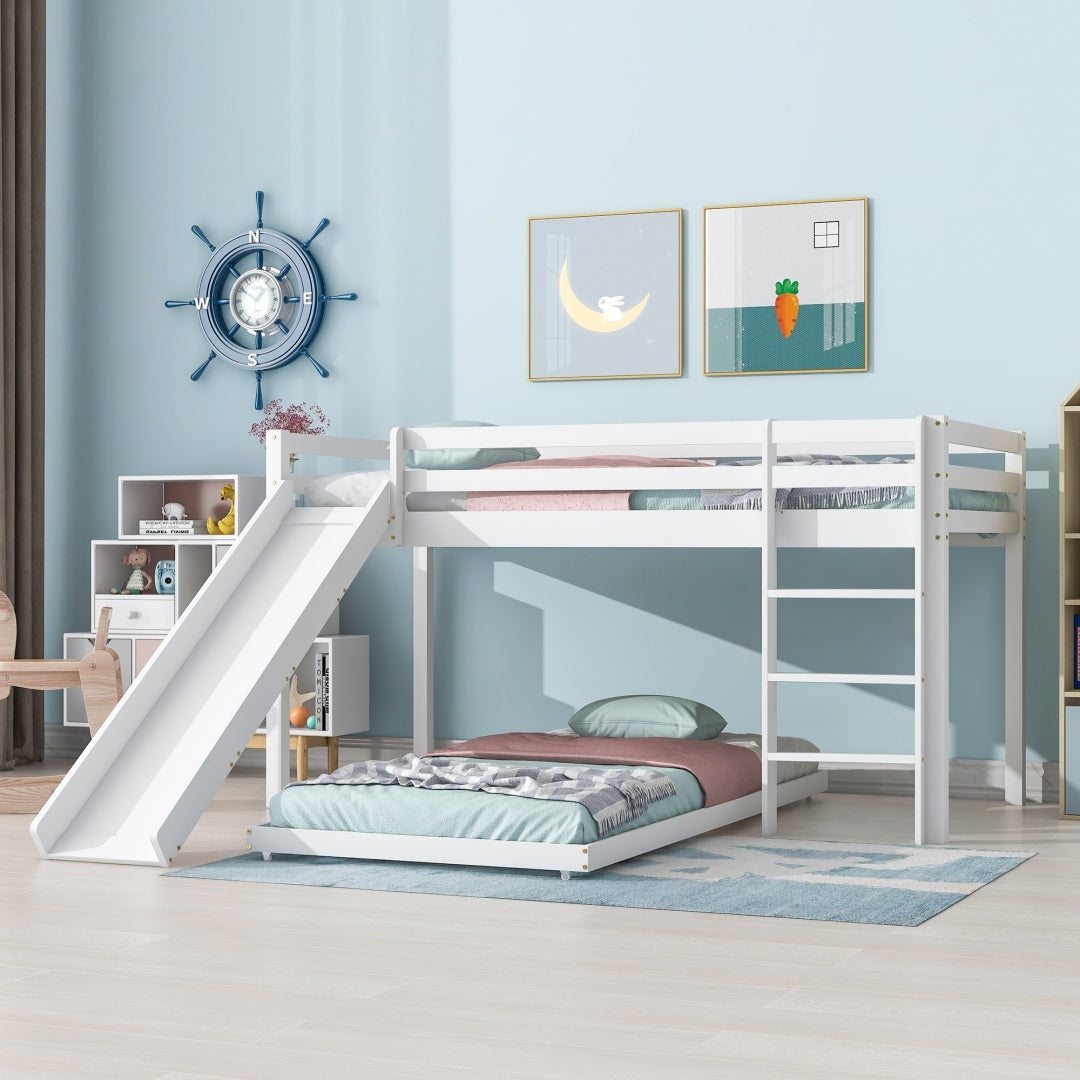 Childrens Cabin Bed Frame With Slide  Ladder, Bunk Bed For Kids With Adjustable Ladder And Slide, Adjustable Lower Bed ,White, 190x90cm    200x90cm