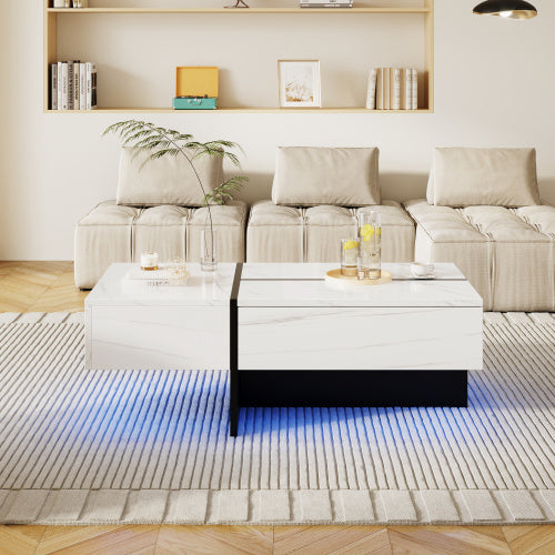 High Gloss Coffee Table, White Marble-Effect Structure With Matching Black Risers, Living Room Furniture,With App-Controlled LED Lighting System