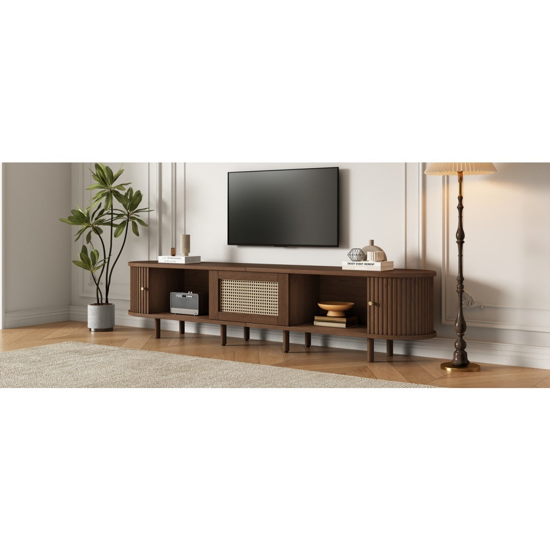 TV Stand With 1 Rattan Drawer And 2 Sliding Doors,Oval TV Cabinet Storage Sideboard With Rounded Corners For Livingroom, 180X40X40cm,Oak Color,MDF, Weight Capacity 30kg, Suitable For 70inch TV