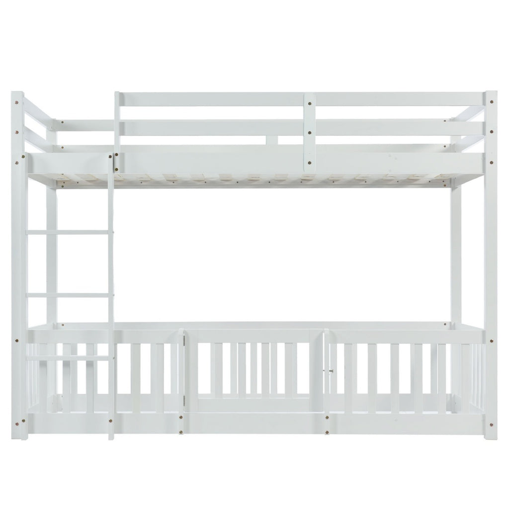 3FT Bunk Bed, Bed With Fences And Door, Children's Bed With Fall Protection And Railings, Solid Wood, White 190x90cm