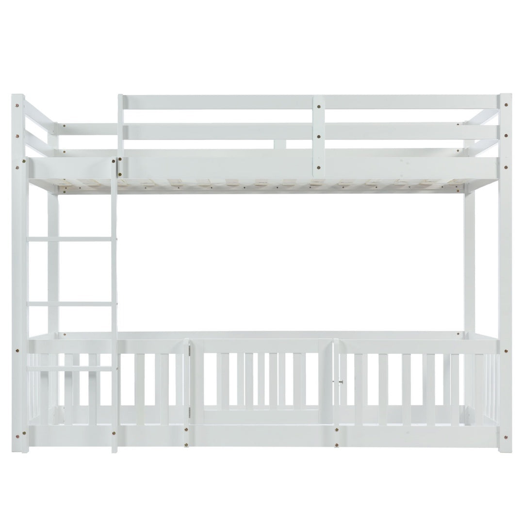 3FT Bunk Bed, Bed With Fences And Door, Children's Bed With Fall Protection And Railings, Solid Wood, White 190x90cm