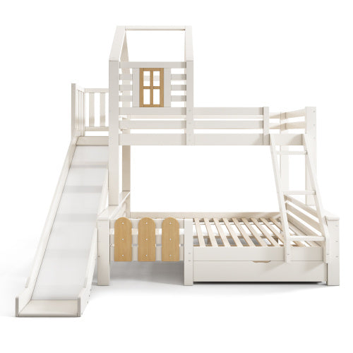 Bunk Beds For Kids, Wooden Cabin Bed With Ladder And Slide, Multi-functional Tree-house Bed, Children's House Bed, Twin Sleeper Solid Wood, White