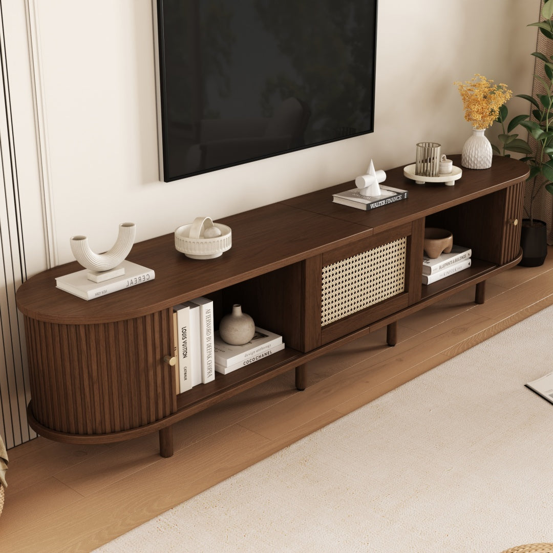 TV Stand With 1 Rattan Drawer And 2 Sliding Doors,Oval TV Cabinet Storage Sideboard With Rounded Corners For Livingroom, 180X40X40cm,Oak Color,MDF, Weight Capacity 30kg, Suitable For 70inch TV