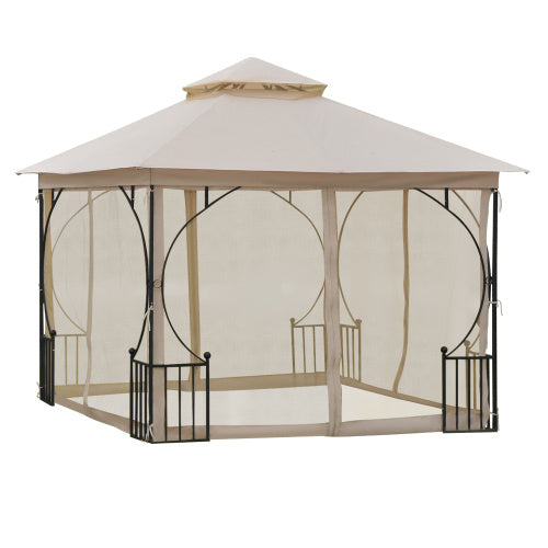 Outsunny 3 X3m Garden Gazebo Patio Party Tent Shelter Outdoor Canopy Double Tier Sun Shade Metal Frame Netting, Beige