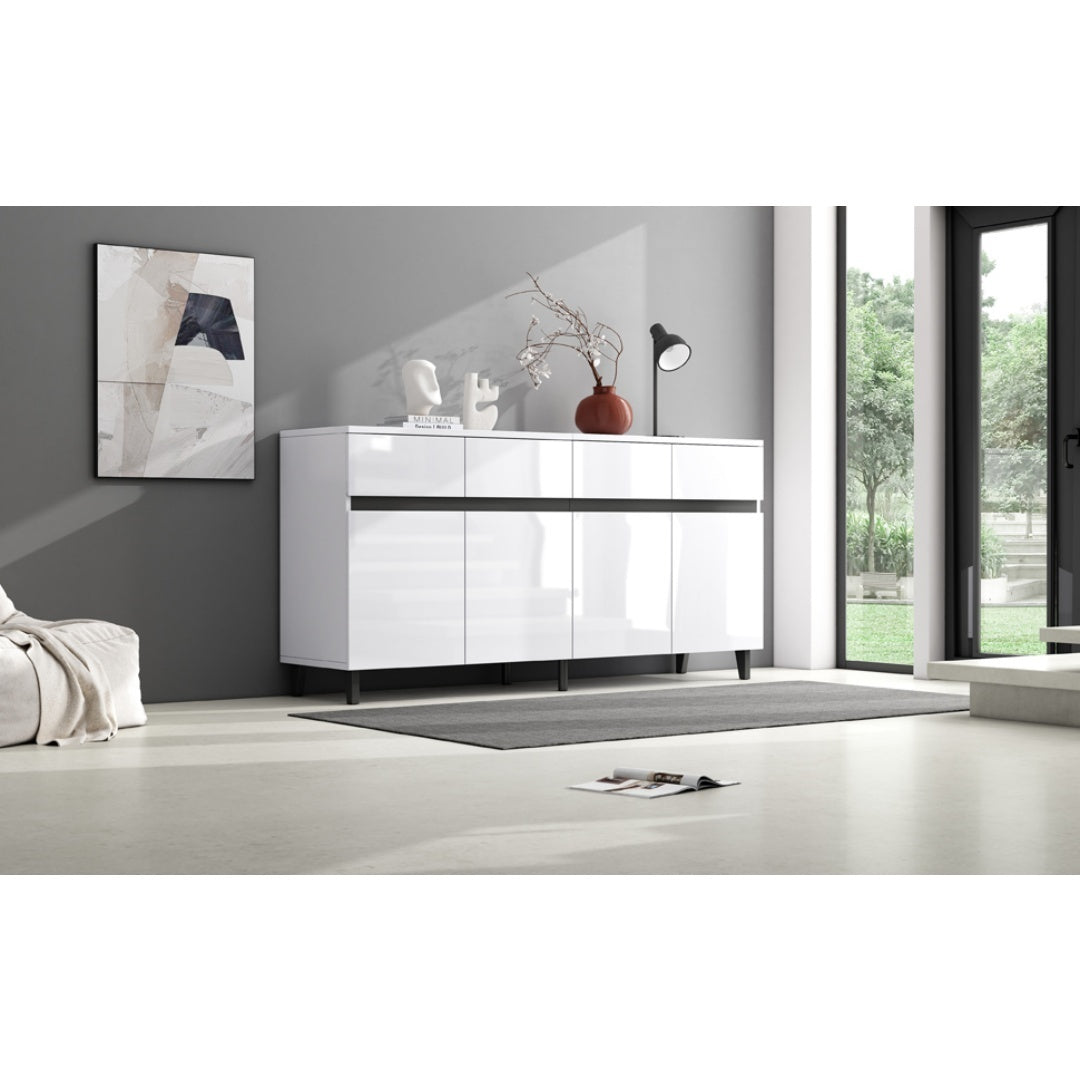 Storage Cabinet, Sideboard Buffet With 4 Drawers 4 Doors , Highboard Cabinet With Adjustable Shelves, Chest Of Drawers, Standing Cabinet, Cupboard Buffet For Living Room, Kitchen, 160X40X68cm, White