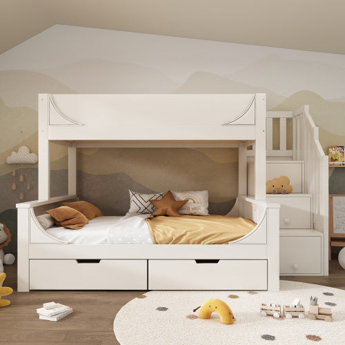Bunk Beds For Kids, Staircase Bunk With Drawers And Storage, Children's Bed With Storage Unit, Double Bunk Bed For Family With Multiple Children,olid Wood, White