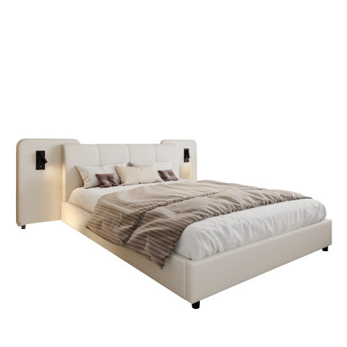 Upholstered Bed, With Charging Port And Lighting, 4ft6 Double Bed 135x190cm, Soft Sponge Headboard Backrest, Anti-collision Sponge Filling, PU  Plywood,