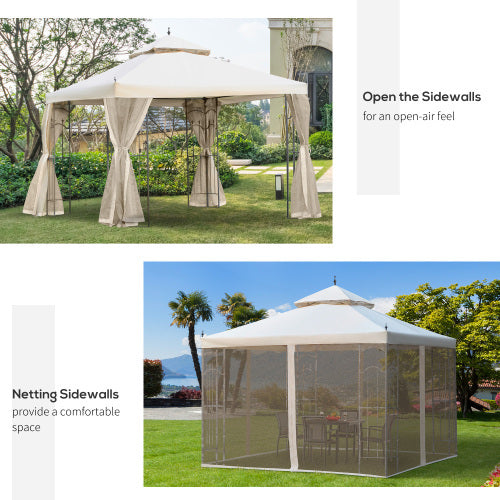 Outsunny 3Mx3M Garden Gazebo Double Top Outdoor Canopy Patio Event Party Wedding Tent Backyard Sun Shade With Netting - Cream White