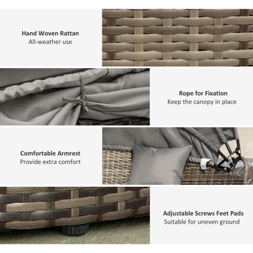 Outsunny Outdoor PE Rattan Garden Furniture With Cushioned, Patio Wicker Conversation Furniture Set, Round Daybed With Retractable Canopy, Coffee Table And Three Pillows, Dark Grey