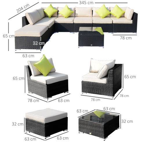 Outsunny 8 Pieces PE Rattan Corner Sofa Set With Thick Cushions, Aluminium Outdoor Rattan Garden Furniture Set With Glass Top Table, No Assembly Required, Black