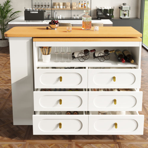360 Rotating Bar Table Main Body 137 X 39 X 90 Cm, Coffee Bar Furniture, Rotating Dining Bar With Storage, Kitchen Island, With Spice Rack, Six Drawers, Open Storage Space, White