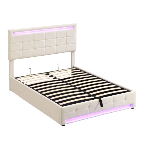 Upholstered Bed, Hydraulic Bed, Adults Teenagers 4ft6 Double Bed 135x190cm, Square Embellishment, With 7colors LED-light Strips, Velvet Iron, Beige