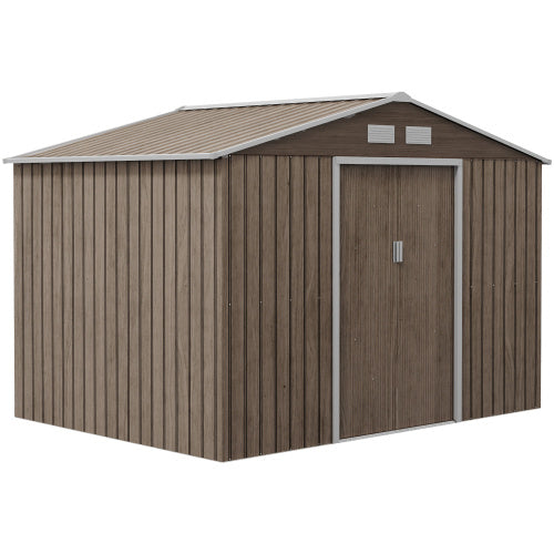 Outsunny 9 X 6ft Steel Garden Shed, Outdoor Storage Tool House With Vents, Foundation And Lockable Double Doors, Brown