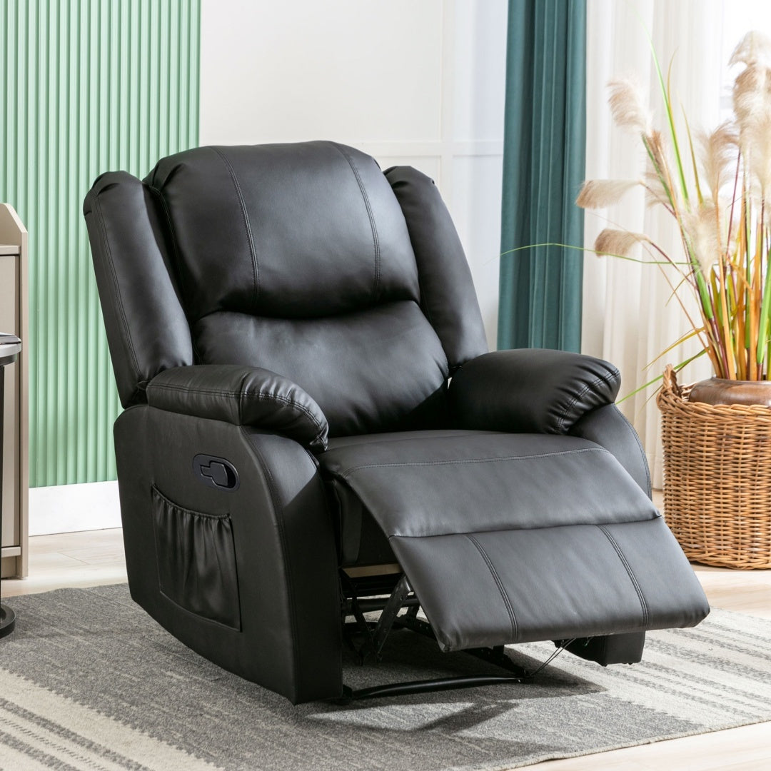 Recliner Chair For The Elderly, PU Leather Upholstered Chair With Side Pockets, Recliner Armchair Adjustable For Living Room Bedroom,Black