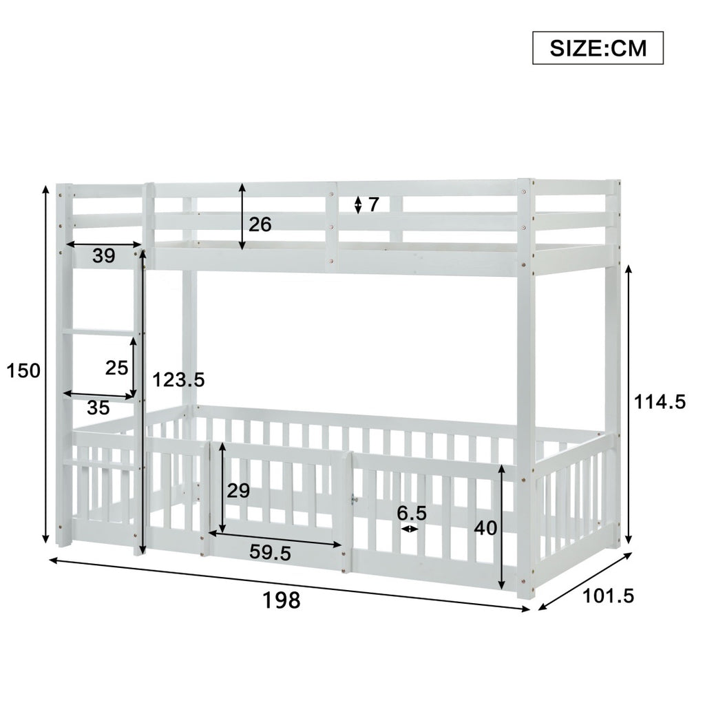 3FT Bunk Bed, Bed With Fences And Door, Children's Bed With Fall Protection And Railings, Solid Wood, White 190x90cm