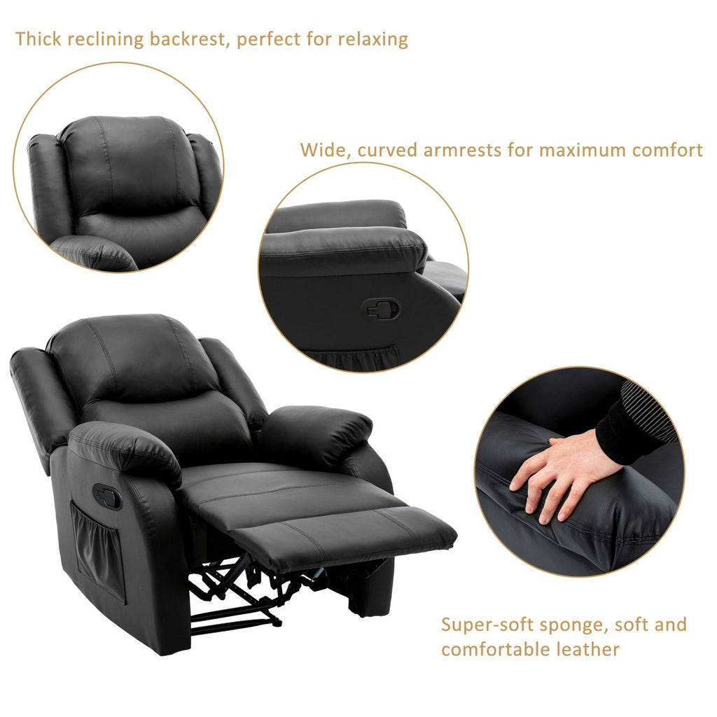 Recliner Chair For The Elderly, PU Leather Upholstered Chair With Side Pockets, Recliner Armchair Adjustable For Living Room Bedroom,Black