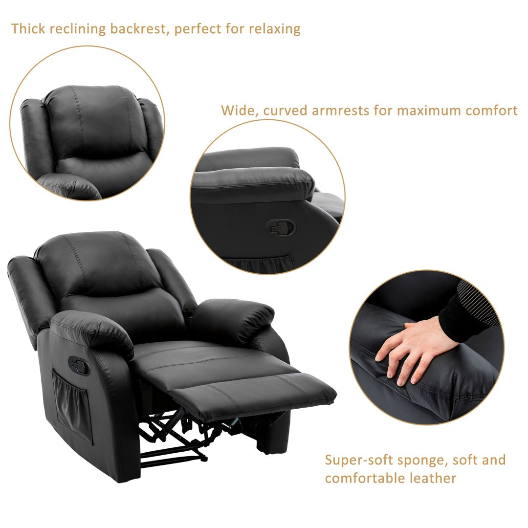Recliner Chair For The Elderly, PU Leather Upholstered Chair With Side Pockets, Recliner Armchair Adjustable For Living Room Bedroom,Black