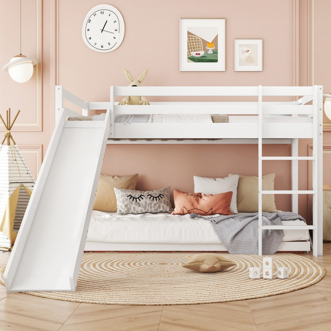 Childrens Cabin Bed Frame With Slide  Ladder, Bunk Bed For Kids With Adjustable Ladder And Slide, Adjustable Lower Bed ,White, 190x90cm    200x90cm