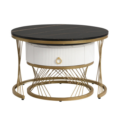 Elegant Nesting Coffee Table Marble Look Gold Decor,Side Table With Drawers  Set Of 2