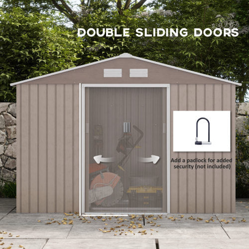 Outsunny 9 X 6ft Steel Garden Shed, Outdoor Storage Tool House With Vents, Foundation And Lockable Double Doors, Brown