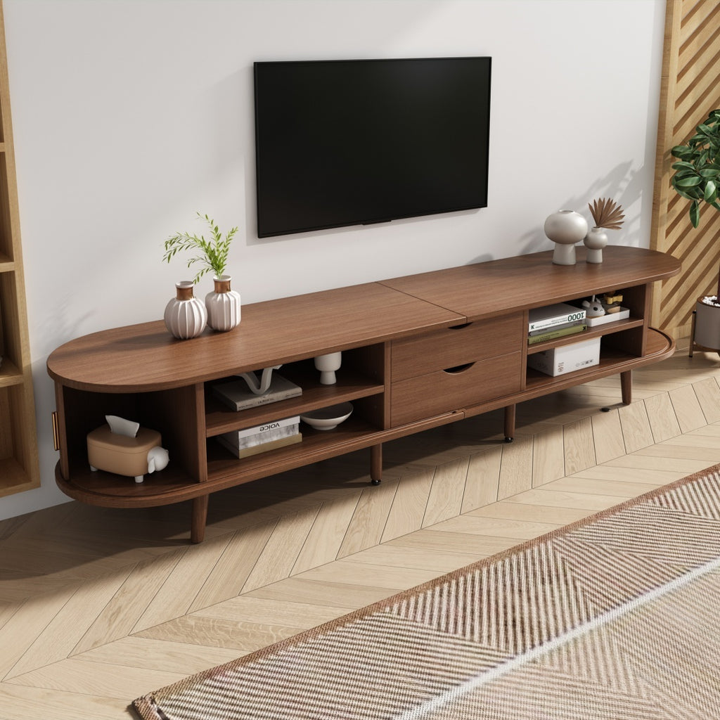 TV Stand With 2 Drawer 2 Sliding Doors 2  Tier Storage Shelf,Oval TV Cabinet Storage Sideboard With Rounded Corners For Livingroom Bedroom,175X40X42cm,Dark Oak,MDF,weight Capacity 30kg,for 70inch TV
