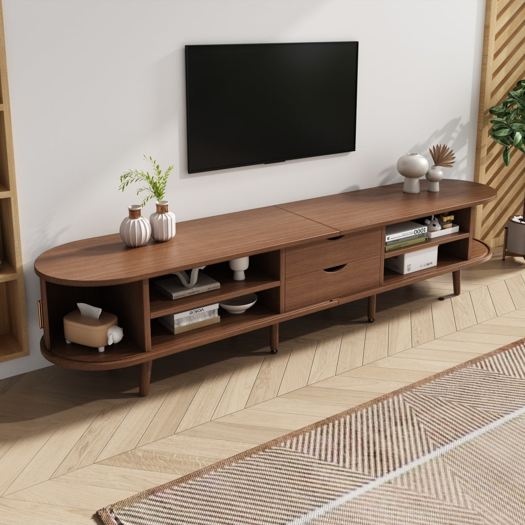 TV Stand With 2 Drawer 2 Sliding Doors 2  Tier Storage Shelf,Oval TV Cabinet Storage Sideboard With Rounded Corners For Livingroom Bedroom,175X40X42cm,Dark Oak,MDF,weight Capacity 30kg,for 70inch TV
