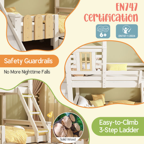 Bunk Beds For Kids, Wooden Cabin Bed With Ladder And Slide, Multi-functional Tree-house Bed, Children's House Bed, Twin Sleeper Solid Wood, White